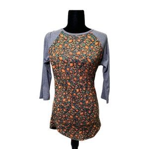 LulaRoe Randy Raglan Top with Orange Designs and Gray Sleeves, XXS, Pre-owned